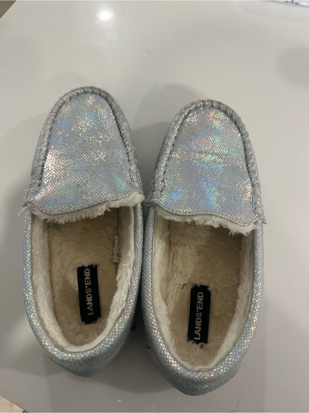 Lands' End Silver Holographic Faux-Fur Lined Kids Slip-On Slippers